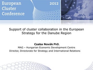 Support of cluster collaboration in the European
       Strategy for the Danube Region


                     Csaba Novák PhD.
       MAG – Hungarian Economic Development Centre
Director, Directorate for Strategy and International Relations
 