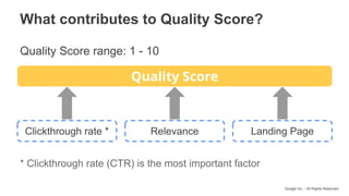 Google Inc. - All Rights Reserved
What contributes to Quality Score?
Quality Score range: 1 - 10
Quality Score
Clickthrough rate * Relevance Landing Page
* Clickthrough rate (CTR) is the most important factor
 