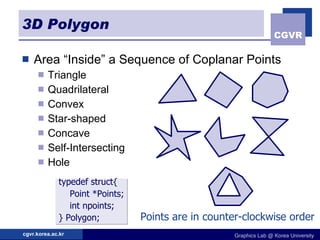 3D Polygon Area “Inside” a Sequence of Coplanar Points Triangle Quadrilateral Convex Star-shaped Concave Self-Intersecting  Hole typedef struct{ Point *Points; int npoints; } Polygon; Points are in counter-clockwise order 
