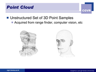 Point Cloud Unstructured Set of 3D Point Samples Acquired from range finder, computer vision, etc 