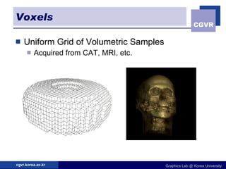 Voxels Uniform Grid of Volumetric Samples Acquired from CAT, MRI, etc. 