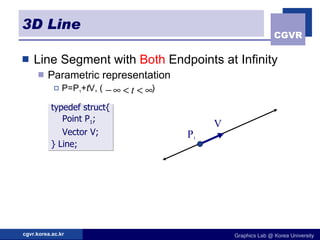 3D Line Line Segment with  Both  Endpoints at Infinity Parametric representation P=P 1 + t V, (  ) typedef struct{ Point P 1 ; Vector V; } Line; P 1 V 