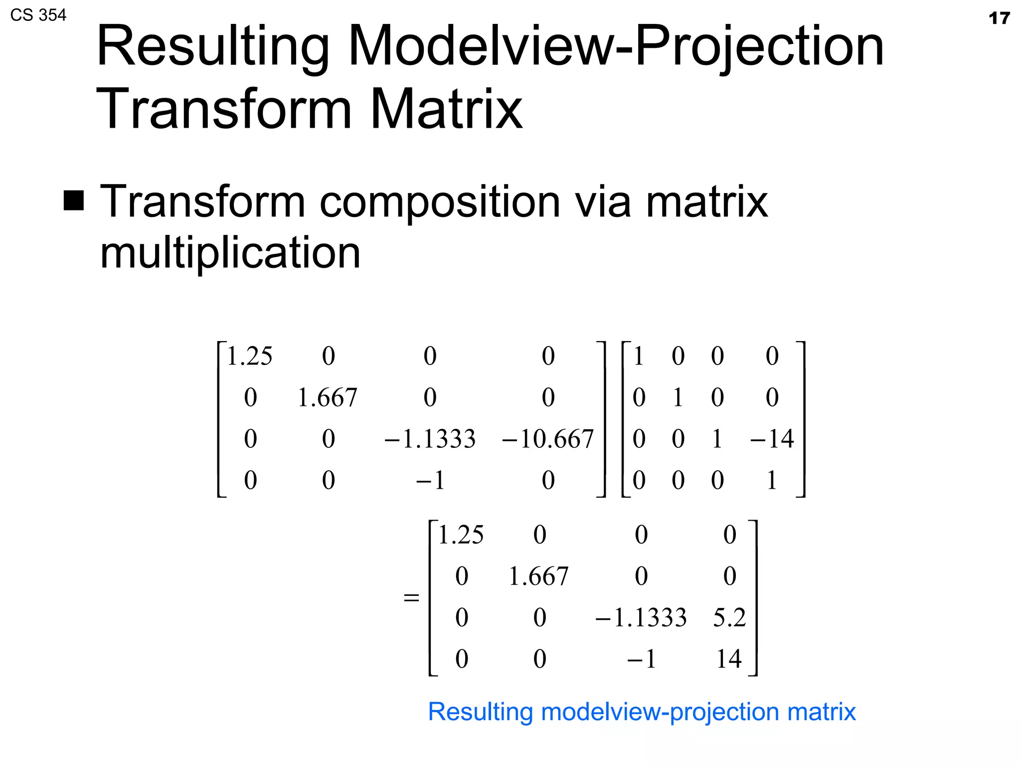 Resulting Modelview-Projection Transform Matrix Transform composition via matrix multiplication Resulting modelview-projection matrix 
