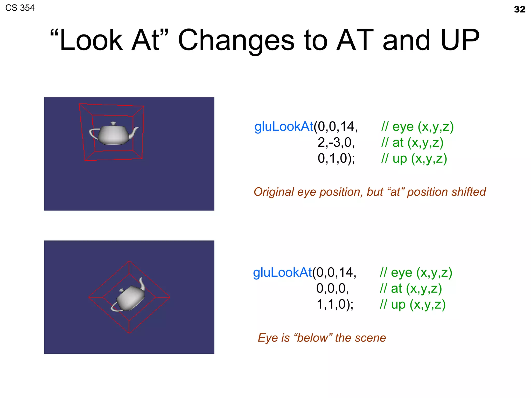 “ Look At” Changes to AT and UP gluLookAt (0,0,14,   2,-3,0,   0,1,0); // eye (x,y,z) // at (x,y,z) // up (x,y,z) gluLookAt (0,0,14,   0,0,0,   1,1,0); // eye (x,y,z) // at (x,y,z) // up (x,y,z) Original eye position, but “at” position shifted Eye is “below” the scene 