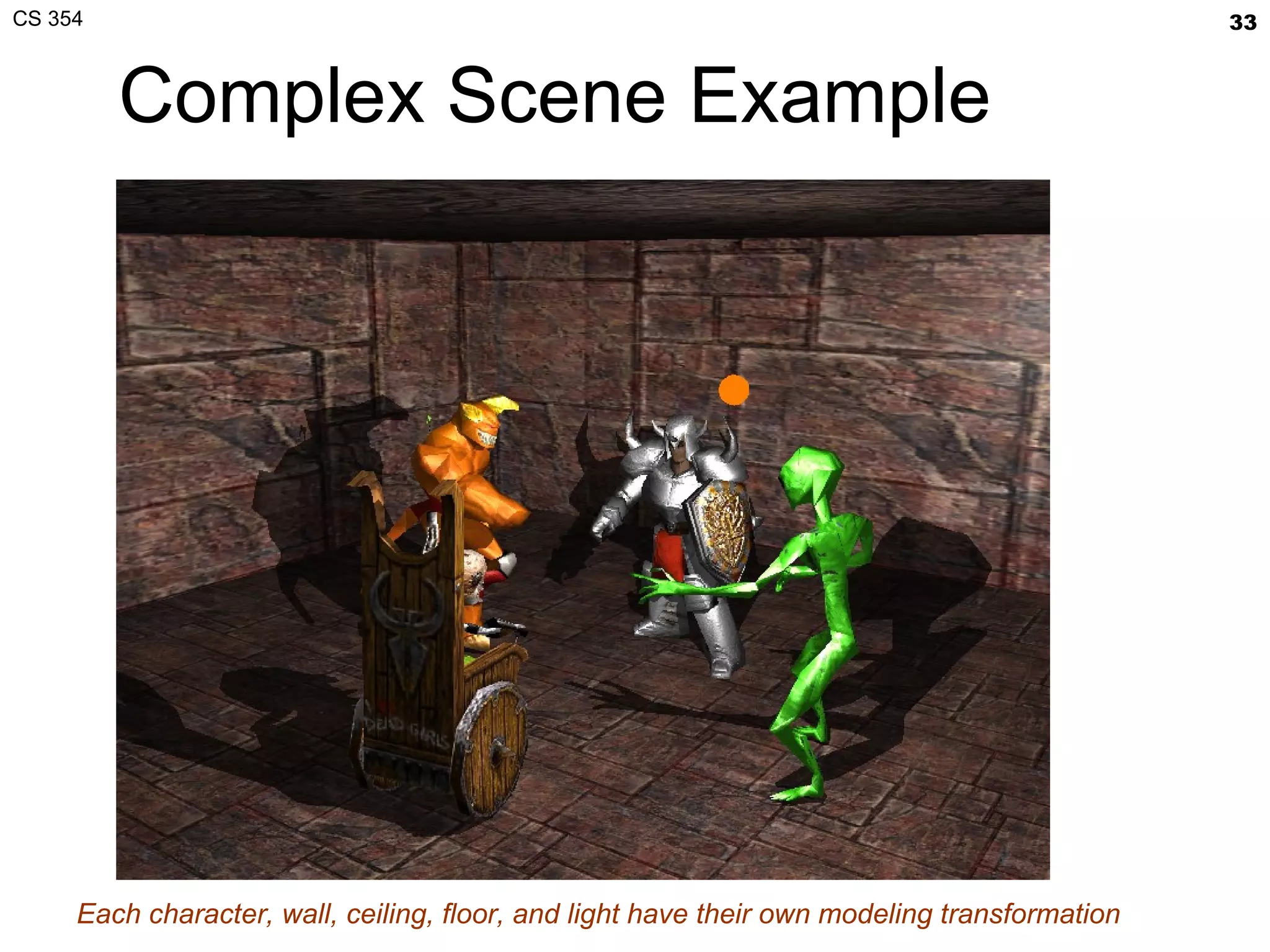 Complex Scene Example Each character, wall, ceiling, floor, and light have their own modeling transformation 