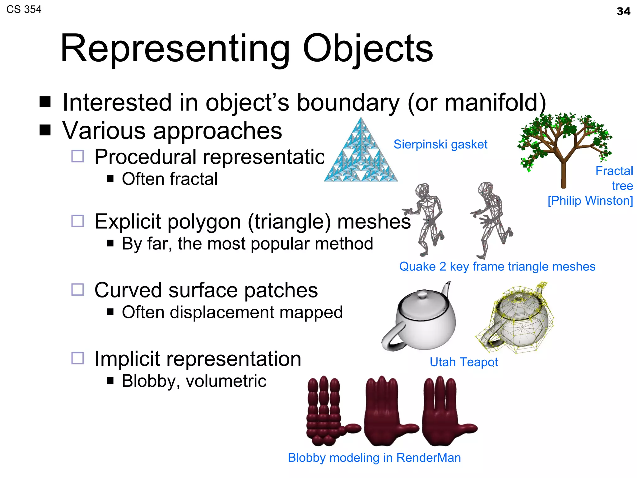 Representing Objects Interested in object’s boundary (or manifold) Various approaches Procedural representations Often fractal Explicit polygon (triangle) meshes By far, the most popular method Curved surface patches Often displacement mapped Implicit representation Blobby, volumetric Sierpinski gasket Utah Teapot Blobby modeling in RenderMan Quake 2 key frame triangle meshes Fractal tree [Philip Winston] 