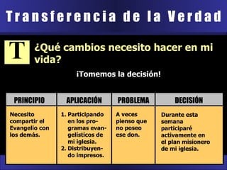T r a n s f e r e n c i a  d e  l a  V e r d a d ¿Qué cambios necesito hacer en mi vida?  T ¡Tomemos la decisión! Necesito compartir el Evangelio con los demás. A veces pienso que no poseo ese don. Durante esta semana participaré activamente en el plan misionero de mi iglesia. PRINCIPIO Participando en los pro-gramas evan-gelísticos de mi iglesia. Distribuyen-do impresos. APLICACIÓN PROBLEMA DECISIÓN 