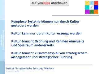 Organisationskultur meint gelebte Antworten auf Fragen der
Leistungserbringung und der Lebensqualität der beteiligten
Menschen in formellen und informellen Bereichen des
Zusammenwirkens.

CC-by-Lizenz,
Autor: Bernd Schmid
für isb-w.eu
Systemische Professionalität 2013

Seite 15

 