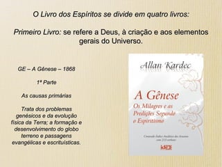 O Livro dos Espíritos se divide em quatro livros:O Livro dos Espíritos se divide em quatro livros:
Primeiro Livro:Primeiro Livro: se refere a Deus, à criação e aos elementosse refere a Deus, à criação e aos elementos
gerais do Universo.gerais do Universo.
GE – A Gênese – 1868GE – A Gênese – 1868
1ª Parte1ª Parte
As causas primáriasAs causas primárias
Trata dos problemasTrata dos problemas
genésicos e da evoluçãogenésicos e da evolução
física da Terra; a formação efísica da Terra; a formação e
desenvolvimento do globodesenvolvimento do globo
terreno e passagensterreno e passagens
evangélicas e escrituísticas.evangélicas e escrituísticas.
 