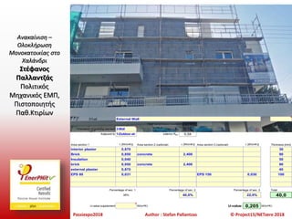 Passiexpo2018 Author : Stefan Pallantzas © Project15/NETzero 2018
Ανακαίνιση –
Ολοκλήρωση
Μονοκατοικίας στο
Χαλάνδρι
Στέφανος
Παλλαντζάς
Πολιτικός
Μηχανικός ΕΜΠ,
Πιστοποιητής
Παθ.Κτιρίων
01ud External Wall
Heat transmission resistance [m²K/W]
Orientation of building element 2-Wall interior Rsi 0,13
Adjacent to 1-Outdoor air exterior Rse: 0,04
Area section 1 l [W/(mK)] Area section 2 (optional) l [W/(mK)] Area section 3 (optional) l [W/(mK)] Thickness [mm]
interior plaster 0,870 30
Brick 0,850 concrete 2,400 90
Insulation 0,040 50
brick 0,850 concrete 2,400 90
external plaster 0,870 40
EPS 80 0,031 EPS 150 0,030 100
Percentage of sec. 1 Percentage of sec. 2 Percentage of sec. 3 Total
38% 40,0% 22,0% 40,0
U-value supplement W/(m²K) U-value: 0,205 W/(m²K)
 