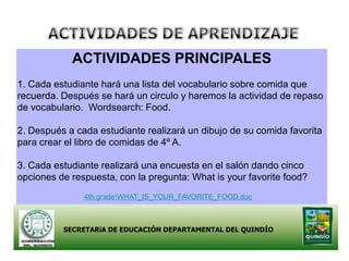 ACTIVIDADES PRINCIPALES
1. Cada estudiante hará una lista del vocabulario sobre comida que
recuerda. Después se hará un circulo y haremos la actividad de repaso
de vocabulario. Wordsearch: Food.

2. Después a cada estudiante realizará un dibujo de su comida favorita
para crear el libro de comidas de 4º A.

3. Cada estudiante realizará una encuesta en el salón dando cinco
opciones de respuesta, con la pregunta: What is your favorite food?
               4th gradeWHAT_IS_YOUR_FAVORITE_FOOD.doc



          SECRETARíA DE EDUCACIÓN DEPARTAMENTAL DEL QUINDÍO
 