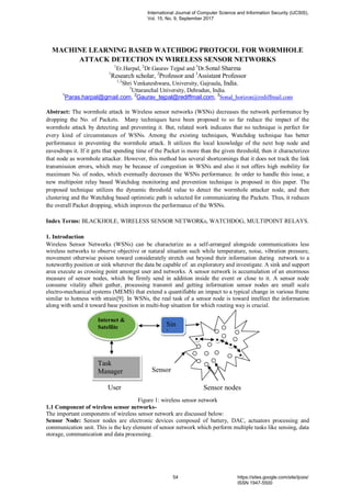 MACHINE LEARNING BASED WATCHDOG PROTOCOL FOR WORMHOLE
ATTACK DETECTION IN WIRELESS SENSOR NETWORKS
1
Er.Harpal, 2
Dr.Gaurav Tejpal and 3
Dr.Sonal Sharma
1
Research scholar, 2
Professor and 3
Assistant Professor
1,2
Shri Venkateshwara, University, Gajraula, India.
3
Uttaranchal University, Dehradun, India.
1
Paras.harpal@gmail.com, 2
Gaurav_tejpal@rediffmail.com, 3
Sonal_horizon@rediffmail.com
Abstract: The wormhole attack in Wireless sensor networks (WSNs) decreases the network performance by
dropping the No. of Packets. Many techniques have been proposed to so far reduce the impact of the
wormhole attack by detecting and preventing it. But, related work indicates that no technique is perfect for
every kind of circumstances of WSNs. Among the existing techniques, Watchdog technique has better
performance in preventing the wormhole attack. It utilizes the local knowledge of the next hop node and
eavesdrops it. If it gets that spending time of the Packet is more than the given threshold, then it characterizes
that node as wormhole attacker. However, this method has several shortcomings that it does not track the link
transmission errors, which may be because of congestion in WSNs and also it not offers high mobility for
maximum No. of nodes, which eventually decreases the WSNs performance. In order to handle this issue, a
new multipoint relay based Watchdog monitoring and prevention technique is proposed in this paper. The
proposed technique utilizes the dynamic threshold value to detect the wormhole attacker node, and then
clustering and the Watchdog based optimistic path is selected for communicating the Packets. Thus, it reduces
the overall Packet dropping, which improves the performance of the WSNs.
Index Terms: BLACKHOLE, WIRELESS SENSOR NETWORKs, WATCHDOG, MULTIPOINT RELAYS.
1. Introduction
Wireless Sensor Networks (WSNs) can be characterize as a self-arranged alongside communications less
wireless networks to observe objective or natural situation such while temperature, noise, vibration pressure,
movement otherwise poison toward considerately stretch out beyond their information during network to a
noteworthy position or sink wherever the data be capable of an exploratory and investigate. A sink and support
area execute as crossing point amongst user and networks. A sensor network is accumulation of an enormous
measure of sensor nodes, which be firmly send in addition inside the event or close to it. A sensor node
consume vitality albeit gather, processing transmit and getting information sensor nodes are small scale
electro-mechanical systems (MEMS) that extend a quantifiable an impact to a typical change in various frame
similar to hotness with strain[9]. In WSNs, the real task of a sensor node is toward intellect the information
along with send it toward base position in multi-hop situation for which routing way is crucial.
Figure 1: wireless sensor network
1.1 Component of wireless sensor networks-
The important components of wireless sensor network are discussed below:
Sensor Node: Sensor nodes are electronic devices composed of battery, DAC, actuators processing and
communication unit. This is the key element of sensor network which perform multiple tasks like sensing, data
storage, communication and data processing.
Internet &
Satellite
Task
Manager
Nodes
Sin
k
User
Sensor
Field
Sensor nodes
International Journal of Computer Science and Information Security (IJCSIS),
Vol. 15, No. 9, September 2017
54 https://sites.google.com/site/ijcsis/
ISSN 1947-5500
 