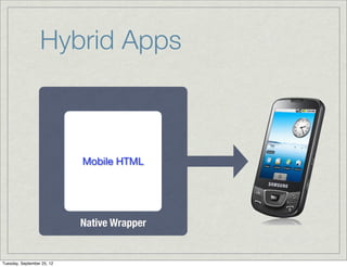 Hybrid Apps



                            Mobile HTML




                            Native Wrapper


Tuesday, September 25, 12
 