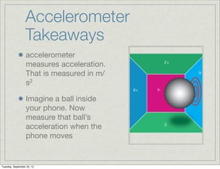 Accelerometer
                  Takeaways
                  accelerometer
                  measures acceleration.
                  That is measured in m/
                  s2

                  Imagine a ball inside
                  your phone. Now
                  measure that ball’s
                  acceleration when the
                  phone moves


Tuesday, September 25, 12
 