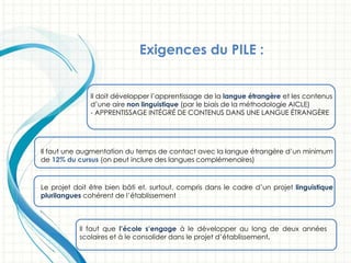 Il doit développer l’apprentissage de la langue étrangère et les contenus
d’une aire non linguistique (par le biais de la méthodologie AICLE)
- APPRENTISSAGE INTÉGRÉ DE CONTENUS DANS UNE LANGUE ÉTRANGÈRE
Il faut une augmentation du temps de contact avec la langue étrangère d’un minimum
de 12% du cursus (on peut inclure des langues complémenaires)
Le projet doit être bien bâti et, surtout, compris dans le cadre d’un projet linguistique
plurilangues cohérent de l’établissement
Il faut que l’école s’engage à le développer au long de deux années
scolaires et à le consolider dans le projet d’établissement.
Exigences du PILE :
 