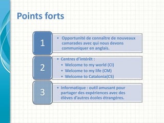 • Opportunité de connaître de nouveaux
camarades avec qui nous devons
communiquer en anglais.
1
• Centres d’intérêt :
• Welcome to my world (CI)
• Welcome to my life (CM)
• Welcome to Catalonia(CS)
2
• Informatique : outil amusant pour
partager des expériences avec des
élèves d’autres écoles étrangéres.
3
Points forts
 