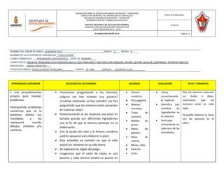 APRENDIZAJES ESPERADOS SECUENCIA DE ACTIVIDADES RECURSOS EVALUACIÓN RETO Y VARIANTES
• Usa procedimientos
propios para resolver
problemas.
•Comprende problemas
numéricos que se le
plantean, estima sus
resultados y los
representa usando
dibujos, símbolos y/o
números.
 Iniciaremos preguntando a los alumnos,
¿alguna vez han visitado una pizzería?
¿Cuántas rebanadas se han comido? ¿se han
preguntado que los números están presentes
en nuestras vidas?
 Posteriormente se les mostrara una pizza en
tamaño grande con diferentes ingredientes
con el fin de que el alumno participe en su
elaboración.
 Con la ayuda del cubo y el fichero numérico
podrán apoyarse para elaborar la pizza.
 Esta actividad va consistir en que el niño
asocie los números en su vida diaria.
 Se explicará las reglas del juego.
 Imaginaran que el salón de clases es una
pizzería y cada alumno tendrá un puesto en
 Fichero
numérico.
 Pizza gigante.
 Billetes/
monedas.
 Trajes de
cocinero.
 Moldes de
pizzas.
 Platos de
plástico.
 Masa de
colores.
 Mesas, sillas.
 Pizarrón.
 Cubo.
 Utiliza
correctamente
el material.
 Identifica que
cantidad de
ingredientes se
le colocará.
 Participan
activamente en
cada una de las
actividades.
Que los alumnos expresen
sus dudas e ideas,
reconozcan que los
números están en todo
lugar.
Se puede elaborar la masa
con los alumnos en el
salón.
SUBSECRETARÍA DE EDUCACIÓN MEDIA SUPERIOR Y SUPERIOR
DIRECCIÓN GENERAL DE OPERACIÓN DE SERVICIOS
DE EDUCACIÓN MEDIA SUPERIOR Y SUPERIOR
SUBDIRECCIÓN DE FORMACIÓN DOCENTE
CENTRO REGIONAL DE EDUCACIÓN NORMAL
LICENCIATURA EN EDUCACIÓN PREESCOLAR
CICLO ESCOLAR 2015 - 2016
Fecha de Elaboración:
11-03-16
PLANEACIÓN DIDÁCTICA Página 13
NOMBRE DEL JARDÍN DE NIÑOS: ALBORADA FELIZ ______GRADO: _1°___ GRUPO:_A_____
NOMBRE DE LA SITUACIÓN DE APRENDIZAJE: “VIVA LA PIZZA ”
CAMPO FORMATIVO: PENSAMIENTO MATEMÁTICO ASPECTO: NÚMERO____
COMPETENCIA: RESUELVE PROBLEMAS EN SITUACIONES QUE LE SON FAMILIARES Y QUE IMPLICAN AGREGAR, REUNIR, QUITAR, IGUALAR, COMPARAR Y REPARTIR OBJETOS.
MODALIDAD: UNIDAD DIDÁCTICA ___
ESTRATEGIA BÁSICA: RESOLUCIÓN DE PROBLEMAS_________ TIEMPO: _35 MIN ESPACIO: SALÓN DE CLASE. _________
 