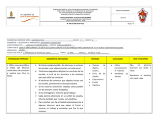 APRENDIZAJES ESPERADOS SECUENCIA DE ACTIVIDADES RECURSOS EVALUACIÓN RETO Y VARIANTES
• Utiliza marcas gráficas
o letras con diversas
intenciones de escritura
y explica que dice su
texto.
 Se iniciara preguntando a los alumnos, si conocen
las vocales y que objetos inician con cada vocal.
 Tendremos pegado en el pizarrón una línea de las
vocales, la cual se les mostrara a los alumnos
para que ellos las conozcan.
 Al terminar de comentar que objetos inician con
las vocales, pasaremos con la caja sorpresa.
 Se les mostrara diferentes tarjetas; tanto pueden
ser de animales como de objetos.
 Se les entregara su material para trabajar.
 Cada alumno observara en su cartón las vocales,
ellos las tendrán que realizar con plastilina.
 Para concluir con la actividad seleccionaremos a
algunos alumnos para que pasen al frente a
mostrar su trabajo y comentar que fue lo que
hicieron.
 Tarjetas de
objetos y
vocales.
 Línea de las
vocales.
 Caja sorpresa.
 Cartón.
 Plastilina.
 Utiliza
correctamente
el material.
 Identifican las
vocales.

Que los alumnos
expresen sus dudas e
ideas.
Remplazar la plastilina
con papel crepe.
SUBSECRETARÍA DE EDUCACIÓN MEDIA SUPERIOR Y SUPERIOR
DIRECCIÓN GENERAL DE OPERACIÓN DE SERVICIOS
DE EDUCACIÓN MEDIA SUPERIOR Y SUPERIOR
SUBDIRECCIÓN DE FORMACIÓN DOCENTE
CENTRO REGIONAL DE EDUCACIÓN NORMAL
LICENCIATURA EN EDUCACIÓN PREESCOLAR
CICLO ESCOLAR 2015 - 2016
Fecha de Elaboración:
12-03-16
PLANEACIÓN DIDÁCTICA Página 17
NOMBRE DEL JARDÍN DE NIÑOS: ALBORADA FELIZ ______GRADO: _1°___ GRUPO:_A_____
NOMBRE DE LA SITUACIÓN DE APRENDIZAJE: “BUSCANDO LAS VOCALES ”
CAMPO FORMATIVO: LENGUAJE Y COMUNICACIÓN ASPECTO: LENGUAJE ESCRITO____
COMPETENCIA: EXPRESA GRÁFICAMENTE LAS IDEAS QUE QUIERE COMUNICAR Y LAS VERBALIZA PARA CONSTRUIR UN TEXTO ECRITO CON AYUDA DE ALGUIEN.
MODALIDAD: RINCÓN.___
ESTRATEGIA BÁSICA: EL APRENDIZAJE A TRAVÉS DEL JUEGO _________ TIEMPO: _30 MIN ESPACIO: SALÓN DE CLASE. _________
 