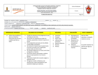 APRENDIZAJES ESPERADOS SECUENCIA DE ACTIVIDADES RECURSOS EVALUACIÓN RETO Y VARIANTES
 Utiliza marcas gráficas o
letras con diversas
intenciones de escritura
y explica qué dice su
texto.
 A todos los alumnos se les preguntara lo que
se festeja en este mes.
 Al escuchar las respuestas de todos los
alumnos, pasaremos a mostrar lo que es un
mural.
 Se les preguntara que pasa con los arboles
cuando llega la primavera.
 Se mostrara el material que ocuparan para
el mural y con ello se va ir explicando
porque cada una de las cosas.
 Por equipos elaboraran su mural, se les hace
entrega de su material.
 Al terminar pasara cada equipo a explicar
que es lo que pusieron en su mural y
porque.
 Pasaremos al patio de la escuela a pegar su
pequeño mural.
 Al regresar al salón se felicitara a los
alumnos por su gran participación y por
excelente trabajo que realizaron.
 Cartulinas.
 Crayolas.
 Papel crepe.
 Láminas de la
primavera.
 Material didáctico.
 Resistol.
 Pintura.
 Participaron en
cada una de las
actividades.
 Respetaron los
turnos de sus
compañeros.
 Utilizaron
correctamente su
material.
Que los niños
aprendan a compartir
material y turnos.
Se puede remplazar las
láminas por figuras o
fotocopias.
SUBSECRETARÍA DE EDUCACIÓN MEDIA SUPERIOR Y SUPERIOR
DIRECCIÓN GENERAL DE OPERACIÓN DE SERVICIOS
DE EDUCACIÓN MEDIA SUPERIOR Y SUPERIOR
SUBDIRECCIÓN DE FORMACIÓN DOCENTE
CENTRO REGIONAL DE EDUCACIÓN NORMAL
LICENCIATURA EN EDUCACIÓN PREESCOLAR
CICLO ESCOLAR 2015 - 2016
Fecha de Elaboración:
17-03-16
PLANEACIÓN DIDÁCTICA Página 25
NOMBRE DEL JARDÍN DE NIÑOS: ALBORADA FELIZ ______GRADO: _1°___ GRUPO:_A_____
NOMBRE DE LA SITUACIÓN DE APRENDIZAJE: “MURAL LA PRIMAVERA ”
CAMPO FORMATIVO: LENGUAJE Y COMUNICACIÓN ASPECTO: LENGUAJE ESCRITO____
COMPETENCIA: EXPRESA GRÁFICAMENTE LAS IDEAS QUE QUIERE COMUNICAR Y LAS VERBALIZA PARA CONSTRUIR UN TEXTO CON AYUDA DE ALGUIEN..
MODALIDAD: UNIDAD DIDÁCTICA.___
ESTRATEGIA BÁSICA: TRABAJO CON TEXTOS_________ TIEMPO: _30 MIN ESPACIO: SALÓN DE CLASE. _________
 
