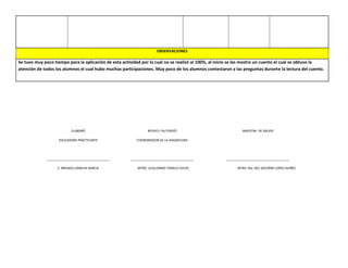 OBSERVACIONES
Se tuvo muy poco tiempo para la aplicación de esta actividad por la cual no se realizó al 100%, al inicio se les mostro un cuento el cual se obtuvo la
atención de todos los alumnos el cual hubo muchas participaciones. Muy poco de los alumnos contestaron a las preguntas durante la lectura del cuento.
ELABORÓ
EDUCADORA PRACTICANTE
____________________________________
C. BRENDA LOMELIN GARCIA
REVISO Y AUTORIZÓ
COORDINADOR DE LA ASIGNATURA
____________________________________
MTRO. GUILLERMO TEMELO AVILÉS
MAESTRA DE GRUPO
____________________________________
MTRA. Ma. DEL SOCORRO LÓPEZ NUÑÉZ
 