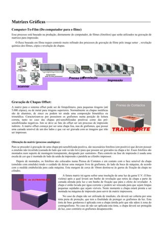 Matrizes Gráficas
Computer-To-Film (Do computador para o filme)
Esse processo está baseado na produção, diretamente do computador, de filmes (fotolitos) que serão utilizados na gravação de
matrizes para impressão.
O fluxo baseado em filme requer controle muito refinado dos processos de gravação de filme pelo image setter , revelação
química dos filmes, cópia e revelação de chapas.
Prensa UVRevelação
Impressão
scanner
Gravação de Chapas Offset:
A matriz para o sistema offset pode ser de fotopolímero, para pequenas tiragens (até
5.000 cópias), ou de metal para tiragens superiores. Normalmente as chapas metálicas
são de alumínio, de zinco ou podem ter ainda uma composição bimetálica ou
trimetálica. Caracterizam-se por possuírem os grafismos numa posição de leitura
correta, tanto no caso das chapas pré-sensibilizadas positivas como das pré-
sensibilizadas negativas. Isto se deve ao fato do offset ser um processo de impressão
indireto. A matriz offset começa por ser uma chapa lisa, nua de grafismos, que possui
uma camada sensível de um dos lados e que vai ser gravada com as imagens que irão
r impressas.
esc
dida estabelecida para cada máquina. Esta margem de cerca de 10mm
mo
inta, a chapa deverá ser protegida
da luz, caso contrário os grafismos desaparecerão.
se
Obtenção da matriz (processo analógico):
Para se proceder à gravação de uma chapa pré-sensibilizada positiva, são necessários fotolitos (em positivo) que devem possuir
a emulsão não invertida (camada do lado que está «a não ler») para que possam ser gravados na chapa a ler. Esses fotolitos são
montados num suporte de montagem transparente, designado por «astralon». Para controlo na fase de impressão é usada uma
destina-se às garras de fixação da chapa no
ará pronta a ser
ala de cor que é montada do lado da saída da impressão e paralela ao cilindro impressor.
Depois de montados, os fotolitos são colocados numa Prensa de Contatos e em contato com a face sensível da chapa
(emulsão com emulsão) tendo o cuidado de deixar uma margem livre de grafismos, do lado da boca da máquina, de acordo
com a me
cilindro.
A futura matriz irá agora sofrer uma insolação de uma luz da gama U.V. (Ultra-
violeta) após a qual levará um banho de revelação que retira da chapa a parte da
camada afetada pela luz e um banho de fixação que pára o efeito do revelador. A
chapa é então lavada por água corrente e poderá ser retocada para que sejam limpas
pequenas sujidades que sejam visíveis. Neste momento a chapa est
ntada na máquina de impressão para servir de matriz impressora.
No caso da chapa não ser utilizada de imediato, ela deverá ser coberta por uma
tinta preta de proteção, que tem a finalidade de proteger os grafismos da luz. Esta
tinta de base gordurosa é aplicada com a chapa úmida pelo que não adere à zona do
contragrafismo. No caso de não ser aplicada esta t
 