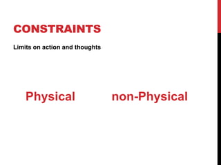 CONSTRAINTS
Limits on action and thoughts
Physical non-Physical
 