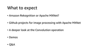 What to expect
• Amazon Rekognition or Apache MXNet?
• Github projects for image processing with Apache MXNet
• A deeper look at the Convolution operation
• Demos
• Q&A
 
