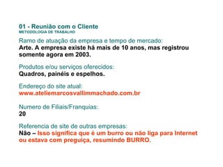 01 - Reunião com o Cliente METODOLOGIA DE TRABALHO Ramo de atuação da empresa e tempo de mercado: Arte. A empresa existe há mais de 10 anos, mas registrou somente agora em 2003. Produtos e/ou serviços oferecidos: Quadros, painéis e espelhos. Endereço do site atual: www.ateliemarcosvallimmachado.com.br  Numero de Filiais/Franquias: 20 Referencia de site de outras empresas: Não –  Isso significa que é um burro ou não liga para Internet ou estava com preguiça, resumindo BURRO. 