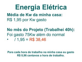Energia Elétrica Média de Kw da minha casa: R$ 1,95 por Kw gasto No mês do Projeto (Trabalhei 40h): Foi gasto 75Kw além do normal / 1,95 =  R$ 38,46 Para cada hora de trabalho na minha casa eu gasto R$ 0,96 centavos a hora de trabalho. 
