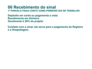 06 Recebimento do sinal 1ª PARCELA PAGA CONTA COMO PRIMEIRO DIA DE TRABALHO Depósito em conta ou pagamento a vista Recebimento em dinheiro Geralmente é 20% do projeto Cuidado com o sinal, ele serve para o pagamento do Registro e a Hospedagem. 