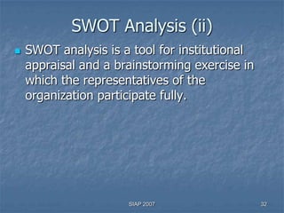 SWOT Analysis (ii)
   SWOT analysis is a tool for institutional
    appraisal and a brainstorming exercise in
    which the representatives of the
    organization participate fully.




                      SIAP 2007                 32
 