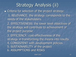 Strategy Analysis (ii)
   Criteria for selection of the project strategy:
     1. RELEVANCE: the strategy corresponds to the
    needs of the stakeholders.
    2. EFFECTIVENESS: the lower level objectives of
    the strategy will contribute to achievement of
    the project purpose
    3. EFFICIENCY: cost-effectiveness of the
    strategy in transforming the means into results.
    4. CONSISTENT with development policies
    5. SUSTAINABILITY of the project
    6. ASSUMPTIONS and RISKS
                          SIAP 2007                    41
 