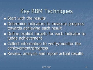 Key RBM Techniques
   Start with the results
   Determine indicators to measure progress
    towards achieving each result
   Define explicit targets for each indicator to
    judge achievement
   Collect information to verify/monitor the
    achievement/progress
   Review, analysis and report actual results


                        SIAP 2007                   45
 