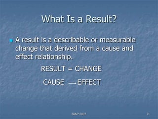 What Is a Result?

   A result is a describable or measurable
    change that derived from a cause and
    effect relationship.
            RESULT = CHANGE
             CAUSE       EFFECT



                      SIAP 2007               9
 