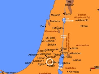 Conquest of Canaan                                         Mt.
                                                         Hermon
                                                                                                            W

                                         Merom           Hazor                         Bashan
                                                                                    (Kingdom of Og)
                                                        Sea of
                                        Madon           Chinnereth                    Ashtaroth

                               Dor                                                         Edrei
                                           Megiddo
                                     Canaanites




                                                               (Kingdom of Sihon)
                                                   Jordan
                                    Mt. Ebal        River




                                                         Amorites
           Great Sea            Mt. Gerizim
         (Mediterranean)
                                     Shiloh                                          Ammonites
                                                        Jazer
                             Gezer Gibeon Ai Gilgal
                                              Jericho Heshbon
                      Ashdod   Makkedah Jebus
                               Makkedah
                             Libnah Jarmuth    Mt. Nebo
                         Lachish                          Jahaz
                    Gaza                Hebron Dibon
                             Eglon
                                     Debir Salt                                                           Scal
                                                  Sea     Moabites
                                                                                                      0
c   1999 MANNA                                                           Kir-moab
 