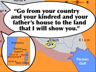 Ashur
                                                                W                   E
                                         Diala
ari                Akkad   	
          	
 
                                         River          	
                S   	
 
            Euphrates	
          	
                     	
               	
          	
 
              River      	
  Tigris                 	
  	
             	
  P E R S	
 I A
                     	
  	
 
      Journeys ofBabylon
                 Abraham
                             River
                                   	
                          	
 
                                                              Susa
                                 Sumer                                                     W
e s e Shechem
      r t                                        Erech                        Elam
                                                Ur
                                                 Haran
            Bethel         Ai
            Salem
Dumah of
    Cave
   Machpelah
                   Mamre
                                                                              Tigris
                                                                           Persian
                                                                     Euphrates River
        Gerar                                             Mari
                                             Scale of Miles
                Beer-sheba                                             River Gulf
                                  0                             200
                                     h
                                   ba




       Great Sea                             Damascus
                                 Ho
 