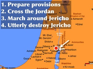 Conquest of Canaan                                                              Mt.
     	
                              	
                                       Hermon
                                                                                                                                 W
     	
               	
                   	
               Merom             Hazor                         Bashan

     	
                     	
                             	
 
                                                                                                         (Kingdom of Og)
                                                                            Sea of
                                                          Madon             Chinnereth                     Ashtaroth


     	
                        	
                Dor
                                                                 	
 Megiddo                                     Edrei
                                                       Canaanites




                                                                                    (Kingdom of Sihon)
                                                                       Jordan
                                                     Mt. Ebal           River




                                                                              Amorites
             Great Sea                           Mt. Gerizim
           (Mediterranean)
                                                      Shiloh                                              Ammonites
                                                          Jazer
                               Gezer Gibeon Ai Gilgal
                                                Jericho Heshbon
                        Ashdod   Makkedah Jebus
                                 Makkedah
                               Libnah Jarmuth    Mt. Nebo
                           Lachish                          Jahaz
                      Gaza                Hebron Dibon
                               Eglon
                                       Debir Salt                                                                              Scal
                                                                      Sea     Moabites
                                                                                                                           0
c   1999 MANNA                                                                                Kir-moab
 