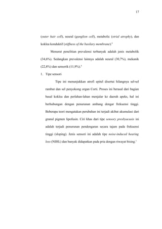 17
(outer hair cell), neural (ganglion cell), metabolic (strial atrophy), dan
koklea konduktif (stiffness of the basilary membrane).4
Menurut penelitian prevalensi terbanyak adalah jenis metabolik
(34,6%). Sedangkan prevalensi lainnya adalah neural (30,7%), mekanik
(22,8%) dan sensorik (11,9%).4
1. Tipe sensori
Tipe ini menunjukkan atrofi epitel disertai hilangnya sel-sel
rambut dan sel penyokong organ Corti. Proses ini berasal dari bagian
basal koklea dan perlahan-lahan menjalar ke daerah apeks, hal ini
berhubungan dengan penurunan ambang dengar frekuensi tinggi.
Beberapa teori mengatakan perubahan ini terjadi akibat akumulasi dari
granul pigmen lipofusin. Ciri khas dari tipe sensory presbyacusis ini
adalah terjadi penurunan pendengaran secara tajam pada frekuensi
tinggi (sloping). Jenis sensori ini adalah tipe noise-induced hearing
loss (NIHL) dan banyak didapatkan pada pria dengan riwayat bising.1
 