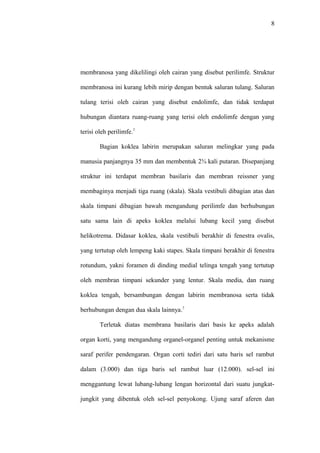 8
membranosa yang dikelilingi oleh cairan yang disebut perilimfe. Struktur
membranosa ini kurang lebih mirip dengan bentuk saluran tulang. Saluran
tulang terisi oleh cairan yang disebut endolimfe, dan tidak terdapat
hubungan diantara ruang-ruang yang terisi oleh endolimfe dengan yang
terisi oleh perilimfe.7
Bagian koklea labirin merupakan saluran melingkar yang pada
manusia panjangnya 35 mm dan membentuk 2¾ kali putaran. Disepanjang
struktur ini terdapat membran basilaris dan membran reissner yang
membaginya menjadi tiga ruang (skala). Skala vestibuli dibagian atas dan
skala timpani dibagian bawah mengandung perilimfe dan berhubungan
satu sama lain di apeks koklea melalui lubang kecil yang disebut
helikotrema. Didasar koklea, skala vestibuli berakhir di fenestra ovalis,
yang tertutup oleh lempeng kaki stapes. Skala timpani berakhir di fenestra
rotundum, yakni foramen di dinding medial telinga tengah yang tertutup
oleh membran timpani sekunder yang lentur. Skala media, dan ruang
koklea tengah, bersambungan dengan labirin membranosa serta tidak
berhubungan dengan dua skala lainnya.7
Terletak diatas membrana basilaris dari basis ke apeks adalah
organ korti, yang mengandung organel-organel penting untuk mekanisme
saraf perifer pendengaran. Organ corti tediri dari satu baris sel rambut
dalam (3.000) dan tiga baris sel rambut luar (12.000). sel-sel ini
menggantung lewat lubang-lubang lengan horizontal dari suatu jungkat-
jungkit yang dibentuk oleh sel-sel penyokong. Ujung saraf aferen dan
 