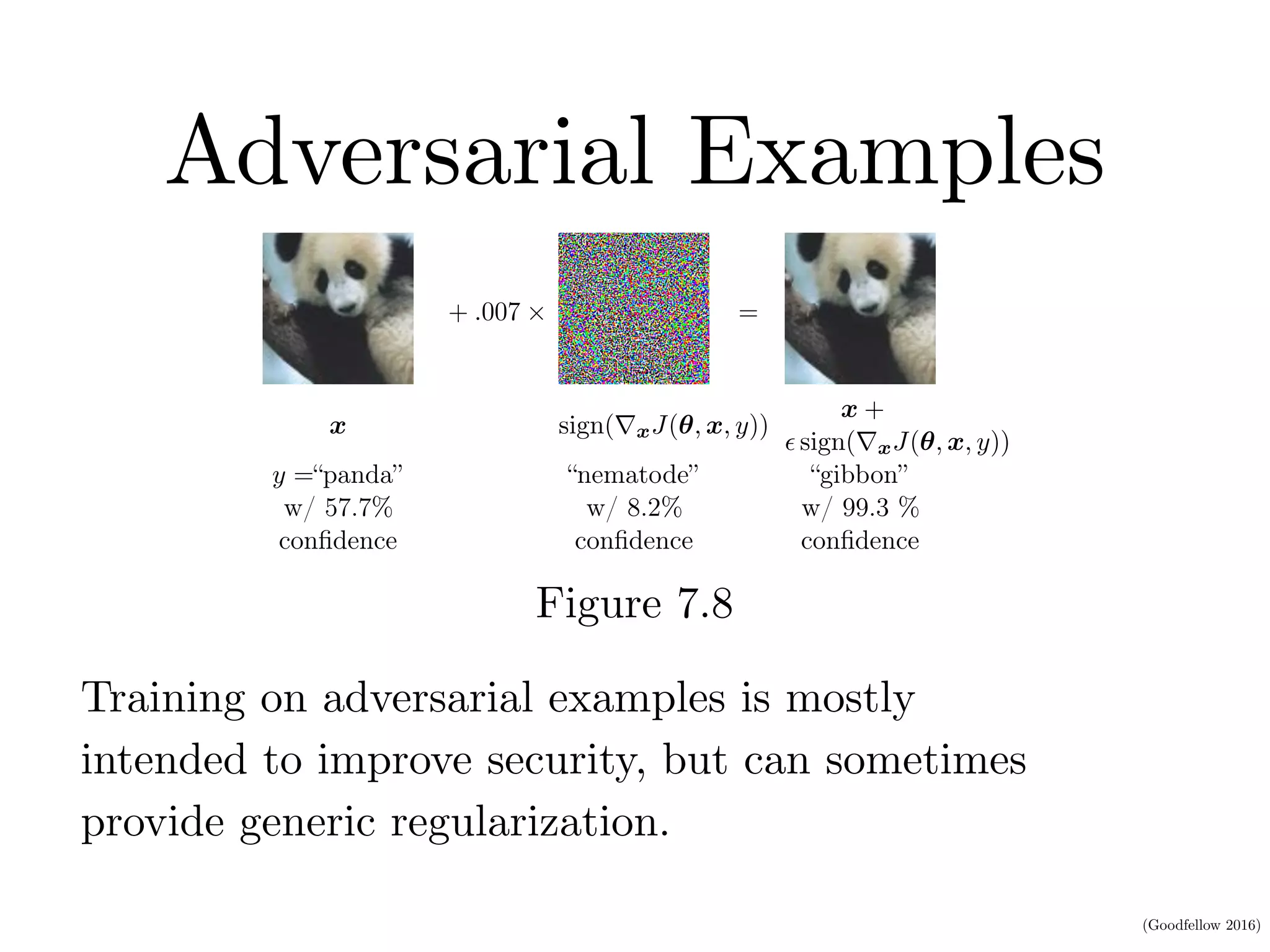 (Goodfellow 2016)
Adversarial ExamplesCHAPTER 7. REGULARIZATION FOR DEEP LEARNING
+ .007 ⇥ =
x sign(rxJ(✓, x, y))
x +
✏ sign(rxJ(✓, x, y))
y =“panda” “nematode” “gibbon”
w/ 57.7%
conﬁdence
w/ 8.2%
conﬁdence
w/ 99.3 %
conﬁdence
Figure 7.8: A demonstration of adversarial example generation applied to GoogLeNet
(Szegedy et al., 2014a) on ImageNet. By adding an imperceptibly small vector whose
elements are equal to the sign of the elements of the gradient of the cost function with
respect to the input, we can change GoogLeNet’s classiﬁcation of the image. Reproduced
with permission from Goodfellow et al. (2014b).
to optimize. Unfortunately, the value of a linear function can change very rapidly
if it has numerous inputs. If we change each input by ✏, then a linear function
with weights w can change by as much as ✏||w||1, which can be a very large
amount if w is high-dimensional. Adversarial training discourages this highly
sensitive locally linear behavior by encouraging the network to be locally constant
Figure 7.8
Training on adversarial examples is mostly
intended to improve security, but can sometimes
provide generic regularization.
 