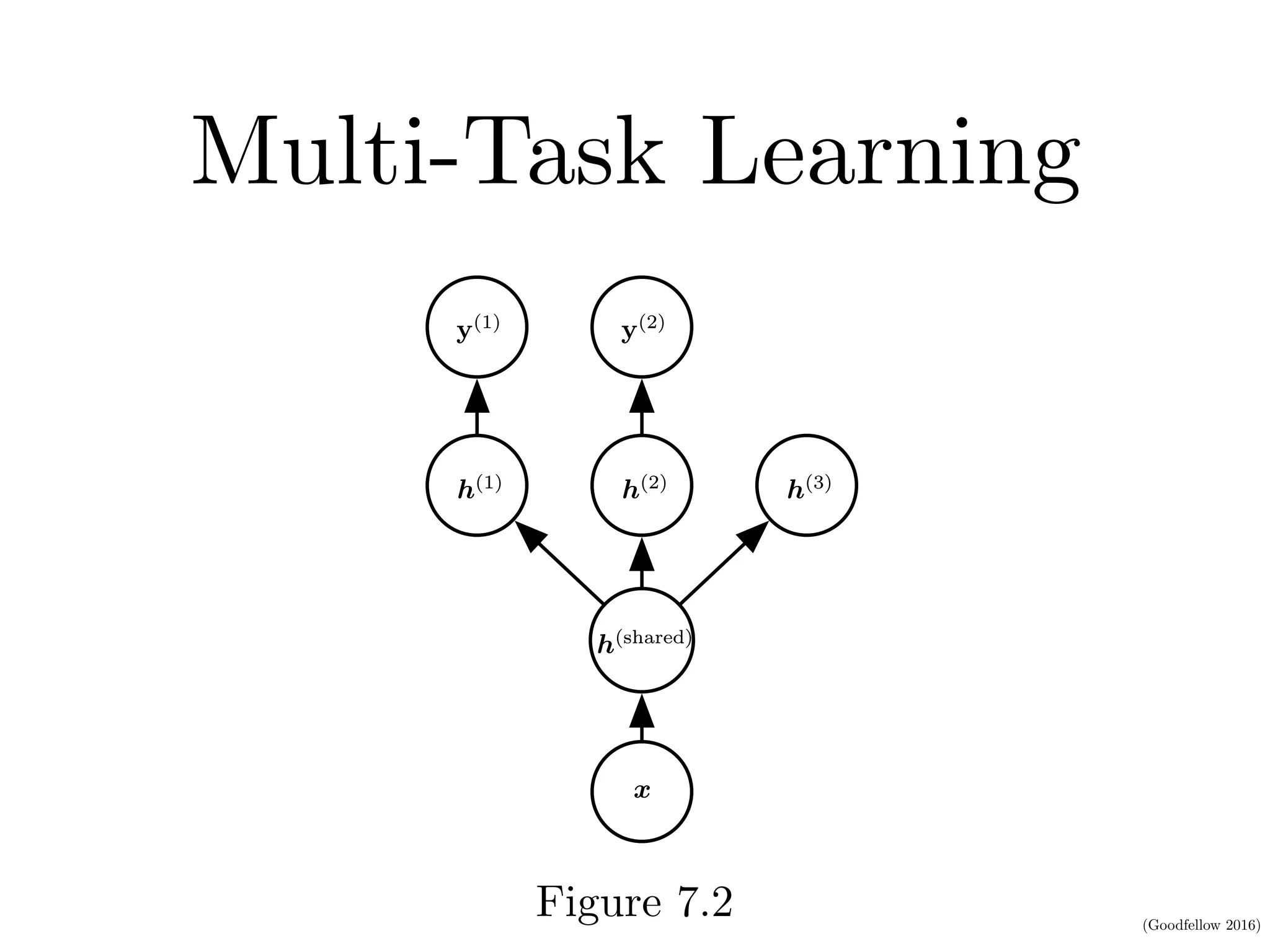 (Goodfellow 2016)
Multi-Task Learning
network in ﬁgure 7.2.
2. Generic parameters, shared across all the tasks (which beneﬁt from th
pooled data of all the tasks). These are the lower layers of the neural networ
in ﬁgure 7.2.
h(1)
h(1)
h(2)
h(2)
h(3)
h(3)
y(1)
y(1)
y(2)
y(2)
h(shared)
h(shared)
xx
Figure 7.2: Multi-task learning can be cast in several ways in deep learning frameworFigure 7.2
 