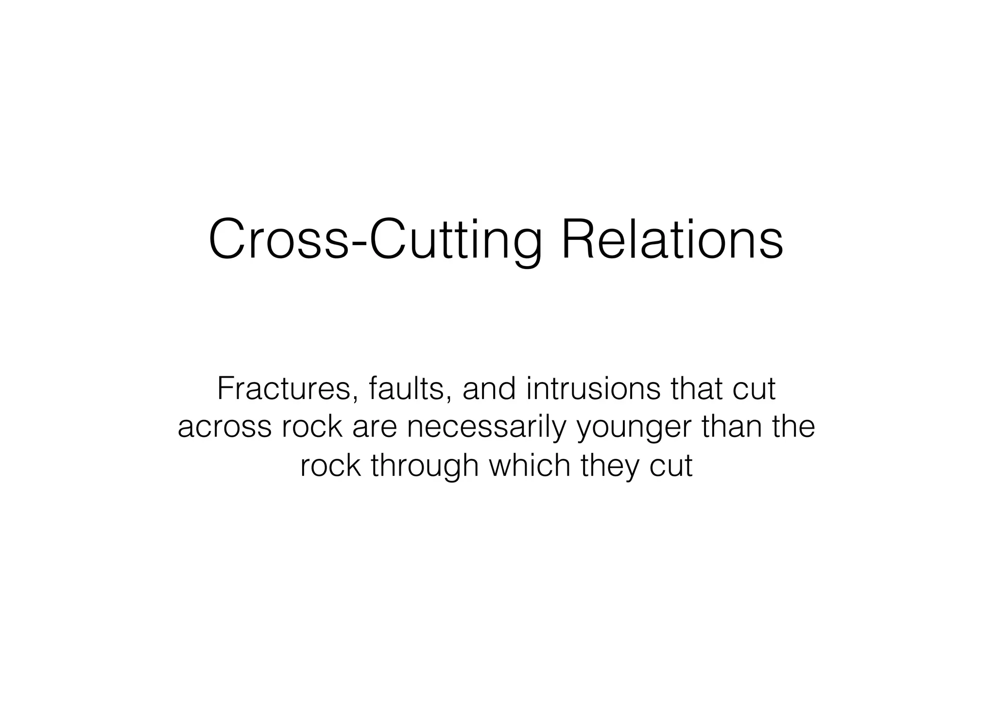 Cross-Cutting Relations
Fractures, faults, and intrusions that cut
across rock are necessarily younger than the
rock through which they cut
 