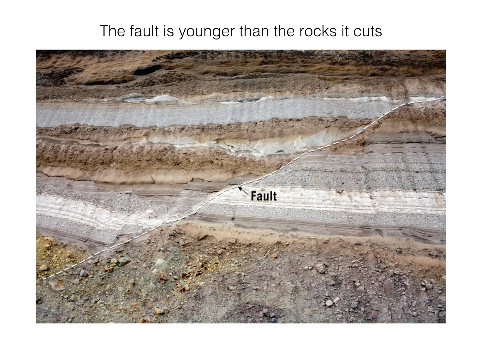 The fault is younger than the rocks it cuts
 