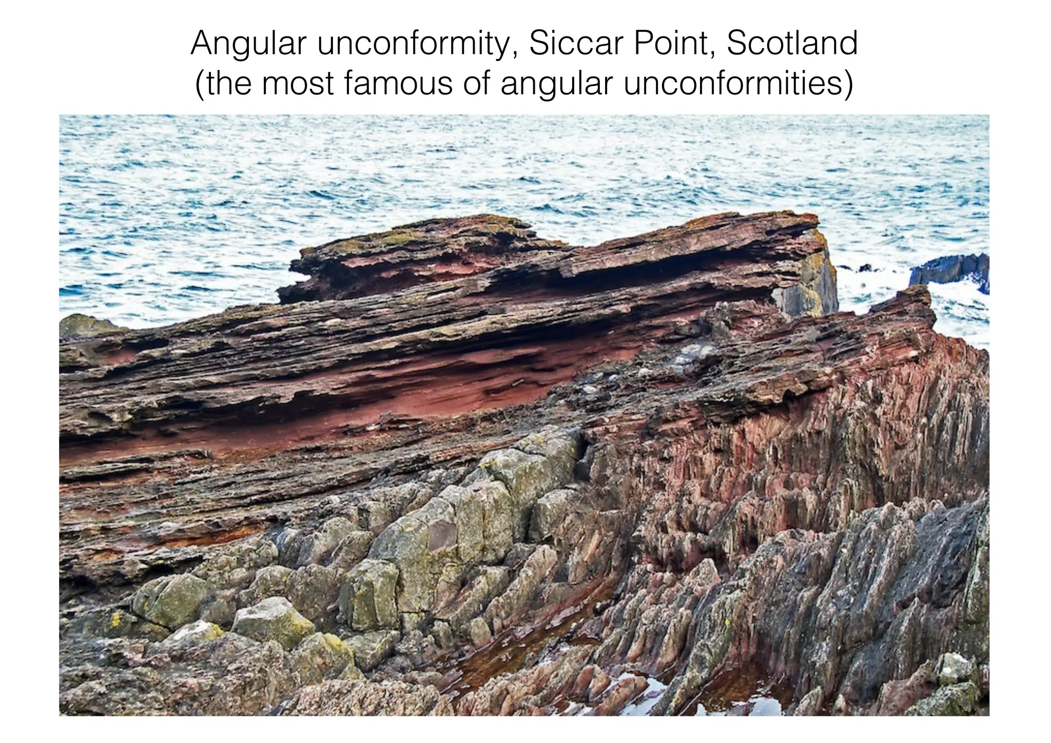 Angular unconformity, Siccar Point, Scotland
(the most famous of angular unconformities)
 