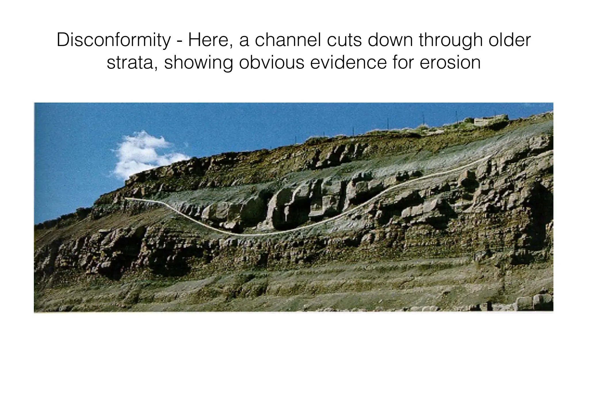 Disconformity - Here, a channel cuts down through older
strata, showing obvious evidence for erosion
 