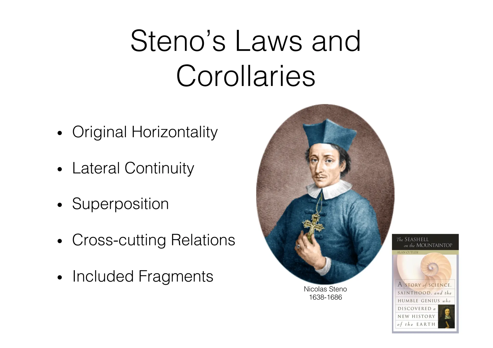 • Original Horizontality
• Lateral Continuity
• Superposition
• Cross-cutting Relations
• Included Fragments
Steno’s Laws and
Corollaries
Nicolas Steno
1638-1686
 