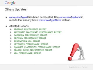 Others Updates

 conversionTypeId has been deprecated. Use conversionTrackerId in
  reports that already have conversionTypeName instead.

 Affected Reports
   ADGROUP_PERFORMANCE_REPORT
   AUTOMATIC_PLACEMENTS_PERFORMANCE_REPORT
   CAMPAIGN_PERFORMANCE_REPORT
   CRITERIA_PERFORMANCE_REPORT
   DESTINATION_URL_REPORT
   KEYWORDS_PERFORMANCE_REPORT
   MANAGED_PLACEMENTS_PERFORMANCE_REPORT
   SEARCH_QUERY_PERFORMANCE_REPORT
   URL_PERFORMANCE_REPORT




                                                     Google Confidential and Proprietary
 