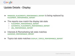 Update Details - Display


   MANAGED_PLACEMENTS_PERFORMANCE_REPORT   is being replaced by
    PLACEMENT_PERFORMANCE_REPORT

 The reports now match the display tab stats
       PLACEMENT_PERFORMANCE_REPORT
       AUTOMATIC_PLACEMENTS_PERFORMANCE_REPORT
       URL_PERFORMANCE_REPORT

 Interests & Remarketing tab stats matches
    AUDIENCE_PERFORMANCE_REPORT


 Topics tab stats matches DISPLAY_TOPICS_PERFORMANCE_REPORT




                                                       Google Confidential and Proprietary
 