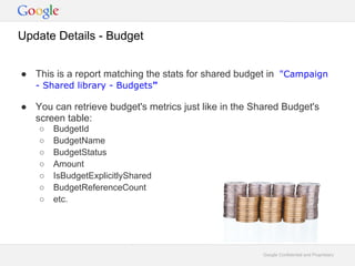 Update Details - Budget


 This is a report matching the stats for shared budget in "Campaign
   - Shared library - Budgets"

 You can retrieve budget's metrics just like in the Shared Budget's
  screen table:
       BudgetId
       BudgetName
       BudgetStatus
       Amount
       IsBudgetExplicitlyShared
       BudgetReferenceCount
       etc.




                                                       Google Confidential and Proprietary
 