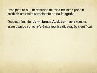 Uma pintura ou um desenho de forte realismo podem
produzir um efeito semelhante ao da fotografia.

Os desenhos de John James Audubon, por exemplo,
eram usados como referência técnica (ilustração científica).
 
